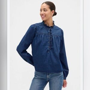 Gap 100% Cotton Ruffled Denim Popover Blouse Top NWT Small Casual Fall